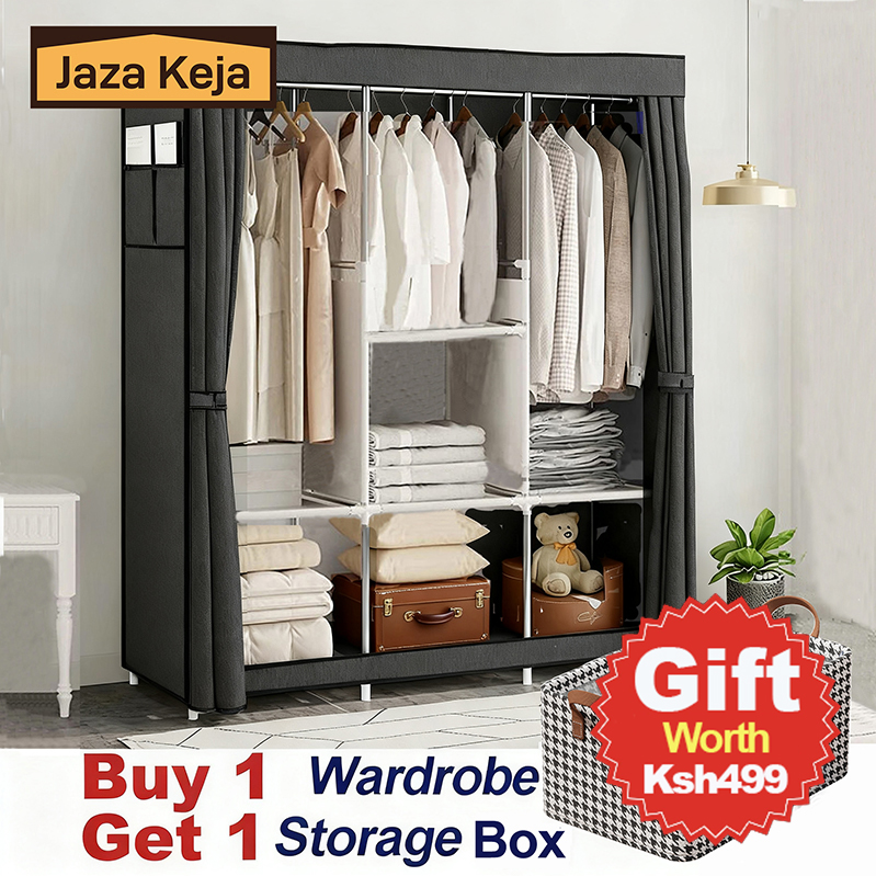 [Sale]Jaza Keja 105cm Portable 3 Columns Wardrobe Closet Clothes Metallic Organizer Non-Woven Fabric Cover with 6 Storage Shelves 2 Hanging Sections Gift
