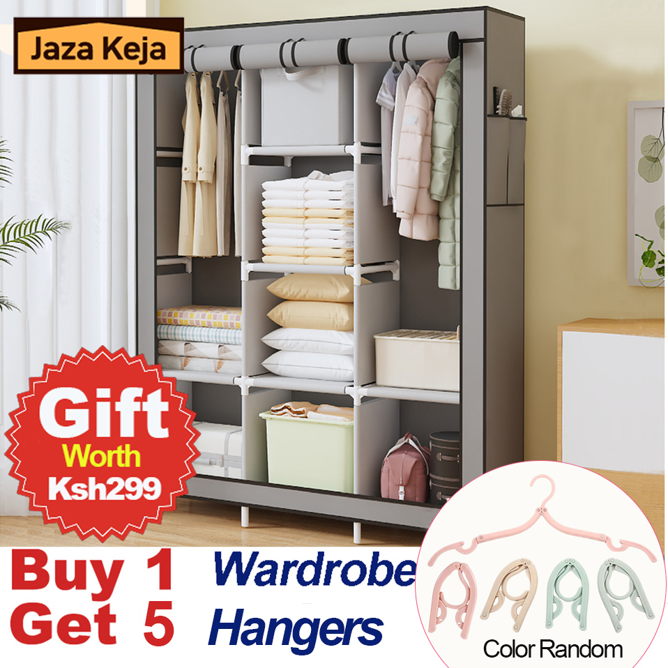 [Sale]Jaza Keja Wide 3 Columns 105cm Metalic Clothes Storage Portable Wardrobe Dustproof Cover Closet Durable Clothes Rack Organizer Gift