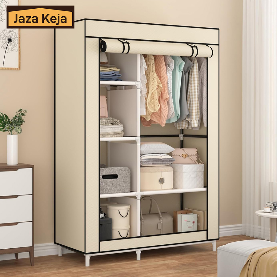 [Sale]Jaza Keja Portable 2 Columns Wardrobe Closet Clothes Storage Organization Metallic Organizer Non-Woven Fabric Cover with 6 Storage Shelves 2 Hanging Sections