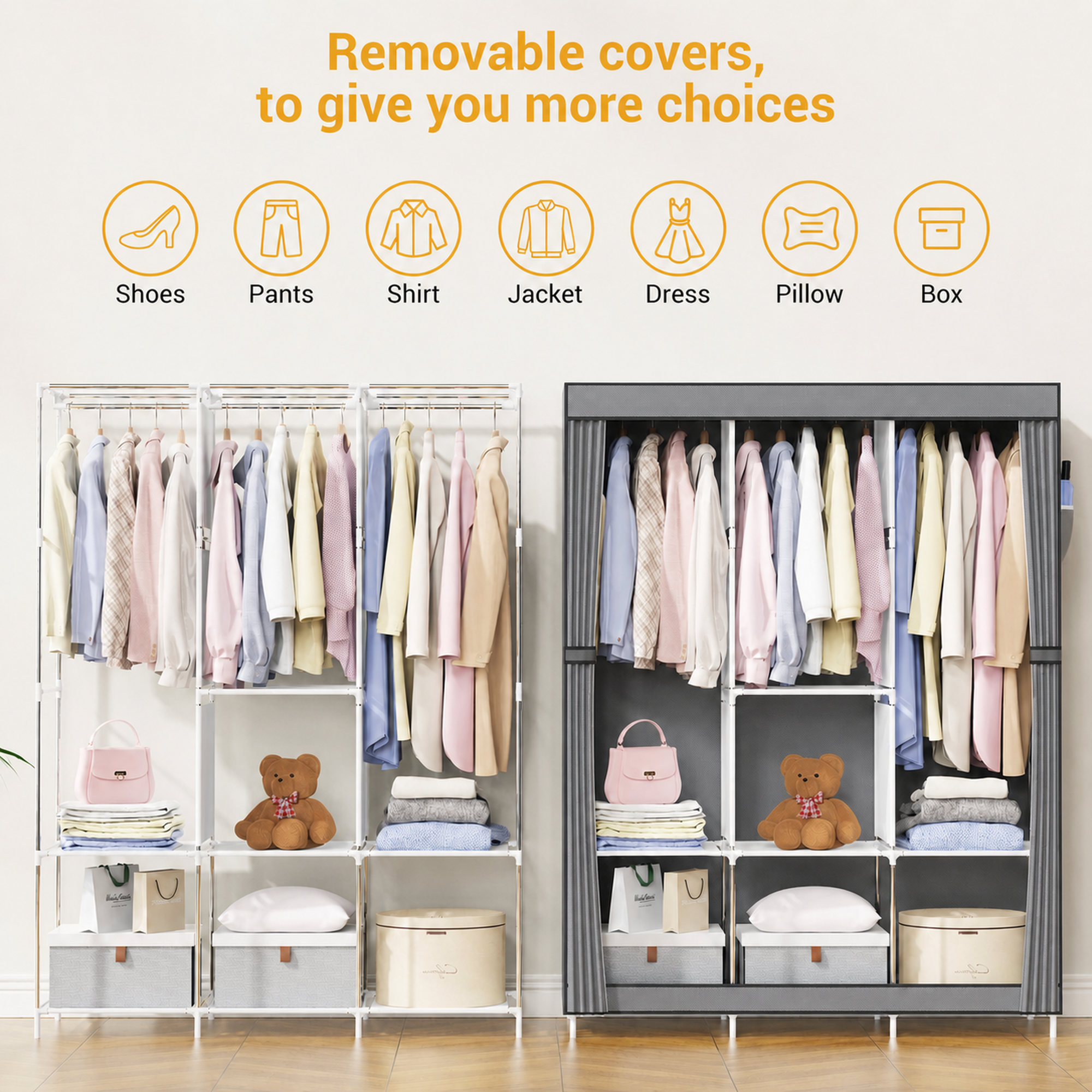 [Sale]Jaza Keja 105cm Portable 3 Columns Wardrobe Closet Clothes Metallic Organizer Non-Woven Fabric Cover with 6 Storage Shelves 2 Hanging Sections