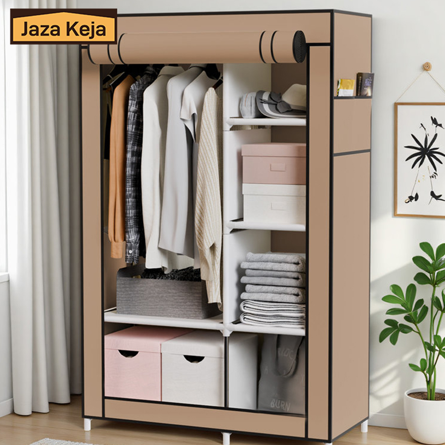 [Sale]Jaza Keja Portable 2 Columns Wardrobe Closet Clothes Storage Organization Metallic Organizer Non-Woven Fabric Cover with 6 Storage Shelves 2 Hanging Sections