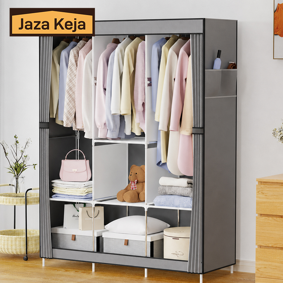 [Sale]Jaza Keja 105cm Portable 3 Columns Wardrobe Closet Clothes Metallic Organizer Non-Woven Fabric Cover with 6 Storage Shelves 2 Hanging Sections