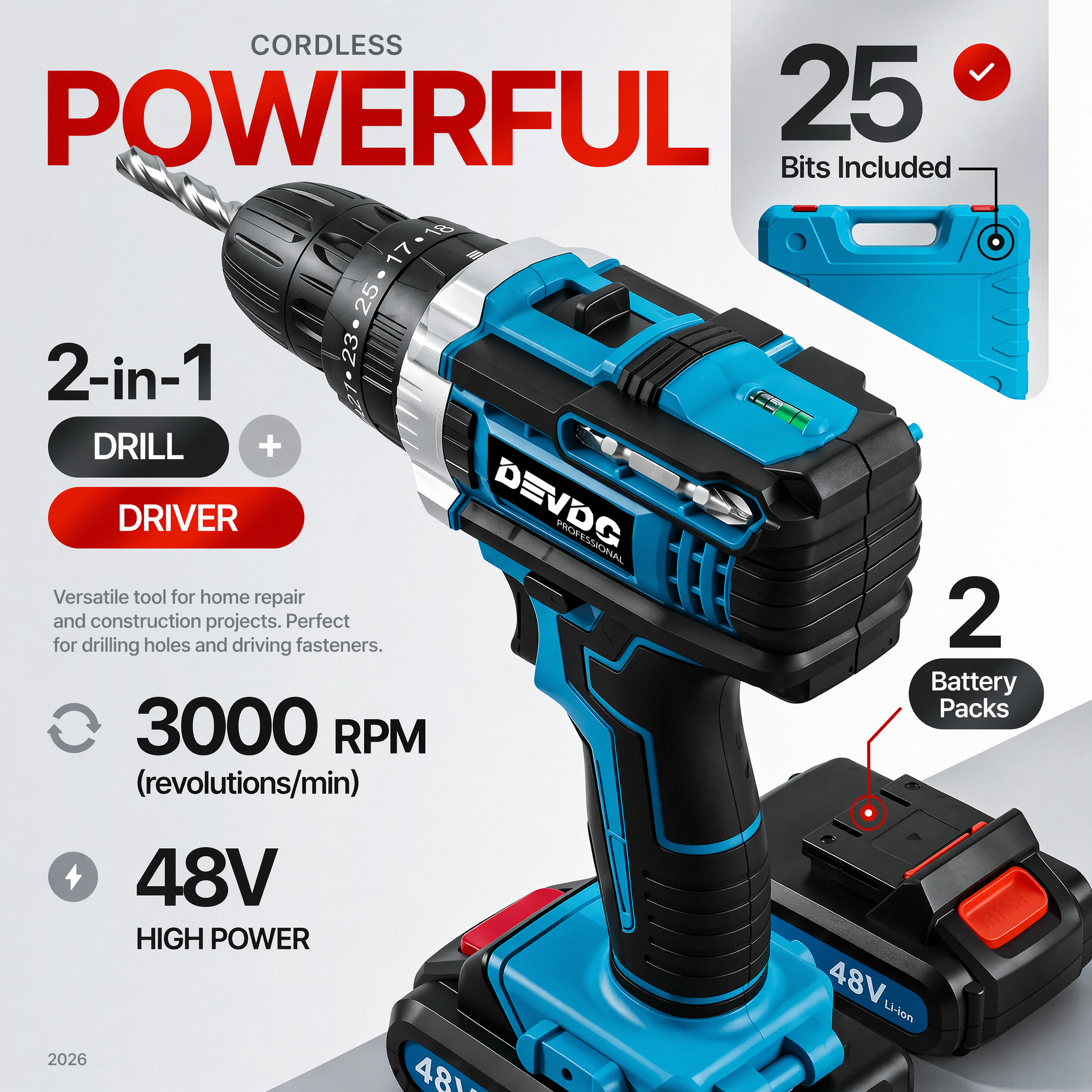 【New cordless drill kit】48VF electric drill, with 2 battery and charger,  torque setting drill, with 24 accessories, built-in 3/8 inch keyless chuck, LED light,Impact drill. Drilling through the