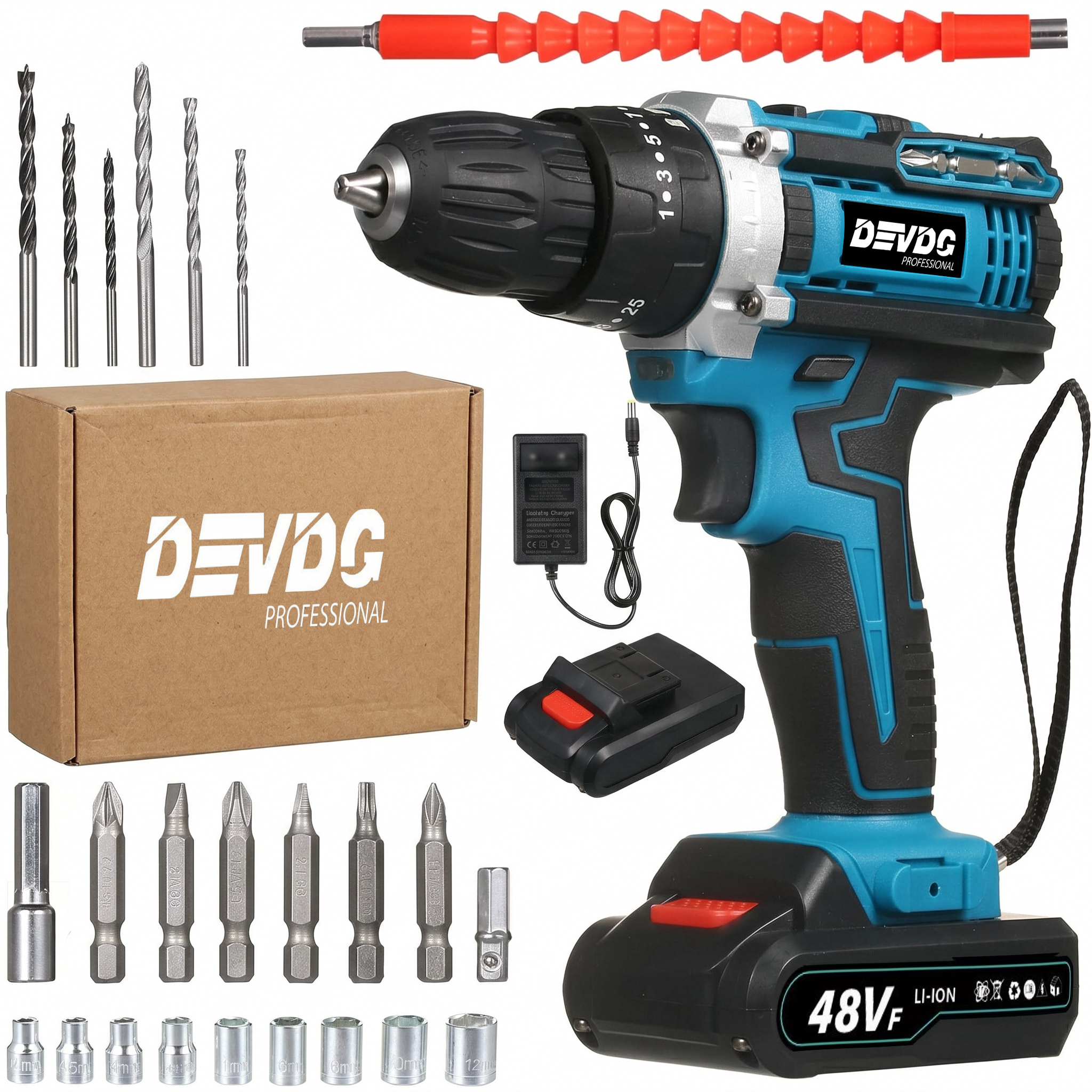【New cordless drill kit】48VF electric drill, with 2 battery and charger,  torque setting drill, with 24 accessories, built-in 3/8 inch keyless chuck, LED light,Impact drill. Drilling through the