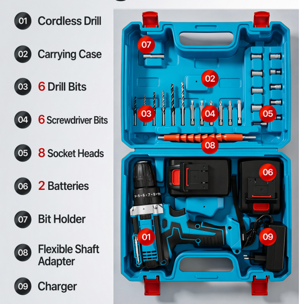 【New cordless drill kit】48VF electric drill, with 2 battery and charger,  torque setting drill, with 24 accessories, built-in 3/8 inch keyless chuck, LED light,Impact drill. Drilling through the