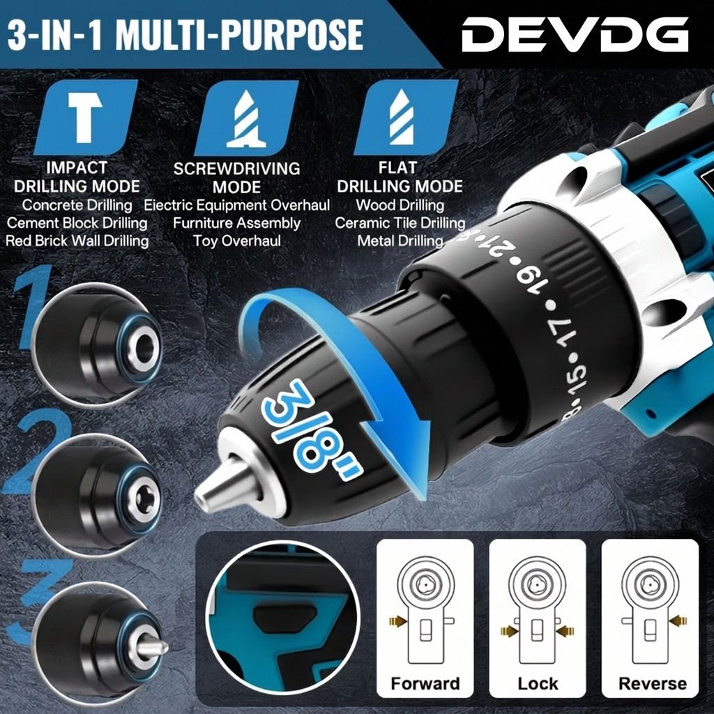 【New cordless drill kit】48VF electric drill, with 2 battery and charger,  torque setting drill, with 24 accessories, built-in 3/8 inch keyless chuck, LED light,Impact drill. Drilling through the