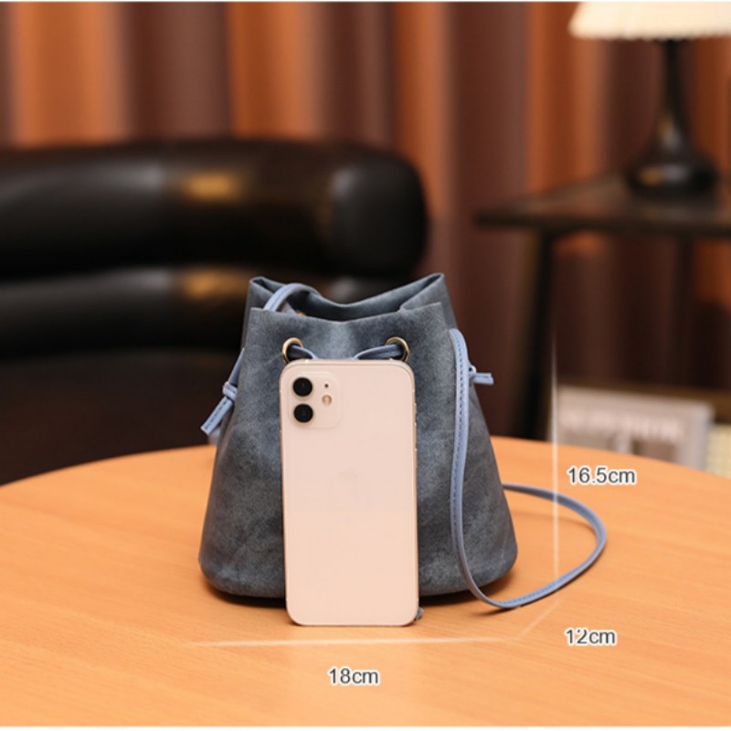 Solid-Color Minimalist Drawstring Pu Material Bucket Bag For Ladies Crossbody Bag