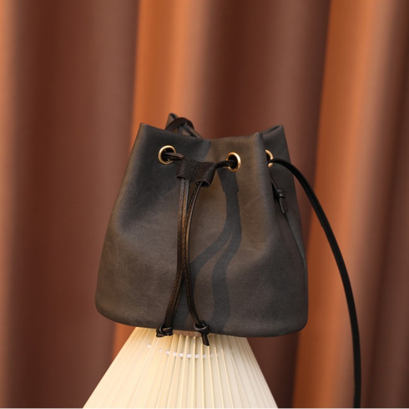 Solid-Color Minimalist Drawstring Pu Material Bucket Bag For Ladies Crossbody Bag
