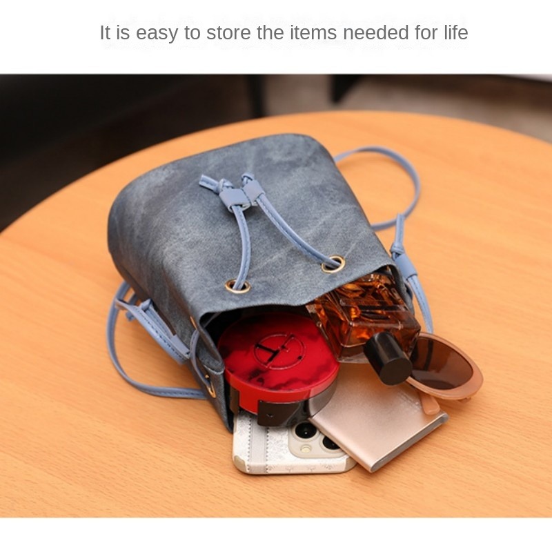 Solid-Color Minimalist Drawstring Pu Material Bucket Bag For Ladies Crossbody Bag