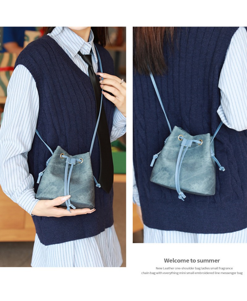 Solid-Color Minimalist Drawstring Pu Material Bucket Bag For Ladies Crossbody Bag