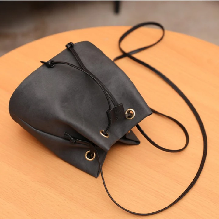 Solid-Color Minimalist Drawstring Pu Material Bucket Bag For Ladies Crossbody Bag