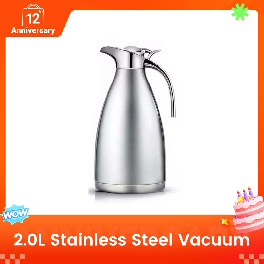 SUNDABESTS 2.0L Stainless Steel Vacuum Coffee Pot Vacuum Thermos Flask Kettle Silver 2L Double Wall Heat Retention Beverage Carafe for Home Kitchen Office Use