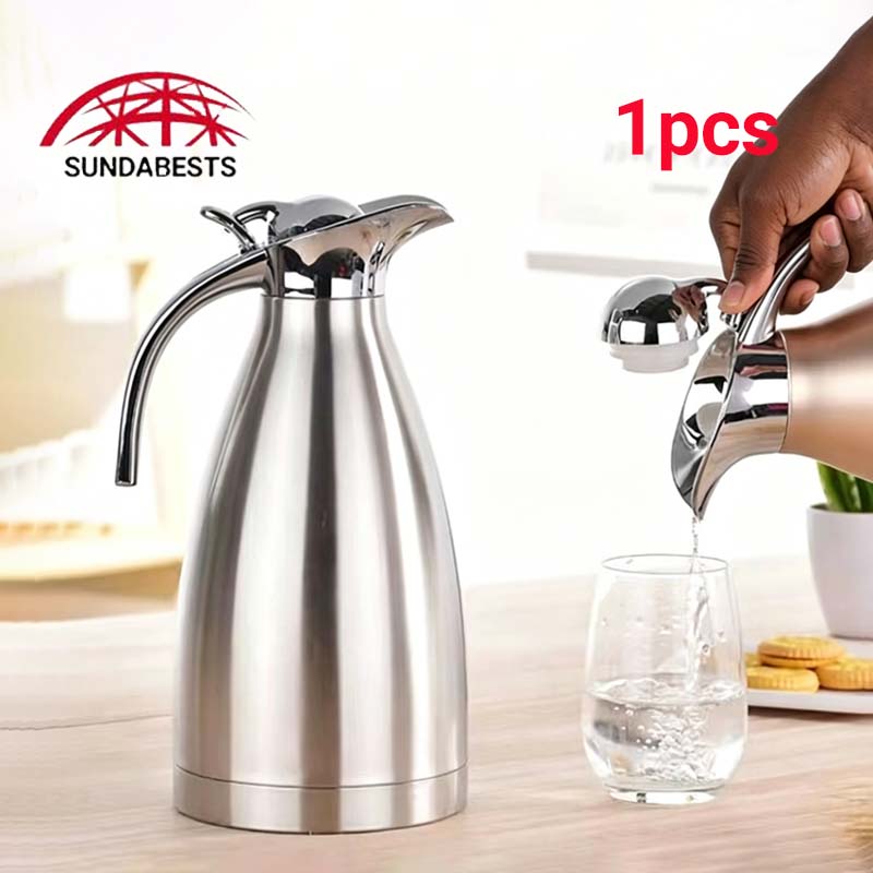 SUNDABESTS 2.0L Stainless Steel Vacuum Coffee Pot Vacuum Thermos Flask Kettle Silver 2L Double Wall Heat Retention Beverage Carafe for Home Kitchen Office Use