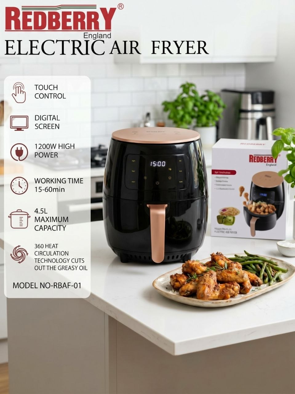 Redberry Digital Air Fryer For Home, 4.5 Litres, 6 Cooking Options, Electric, Convection Oven, 1200W, 360 Degrees Air Circulation, Digital Display, Keep Warm, Bake, Roast, Toast