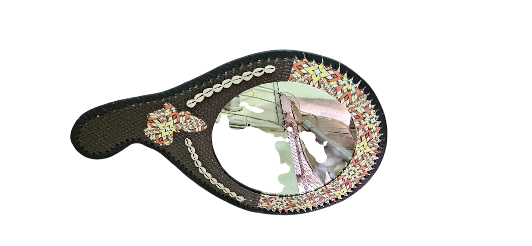 Dark brown leather customized mirror and brown wooden sugar dish with a curve neck combo