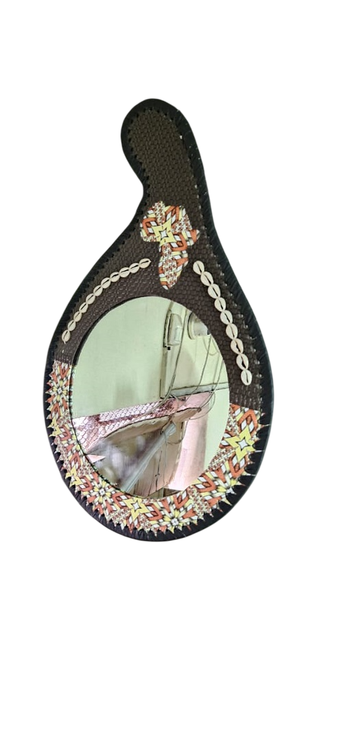 Dark brown leather customized mirror and brown wooden sugar dish with a curve neck combo