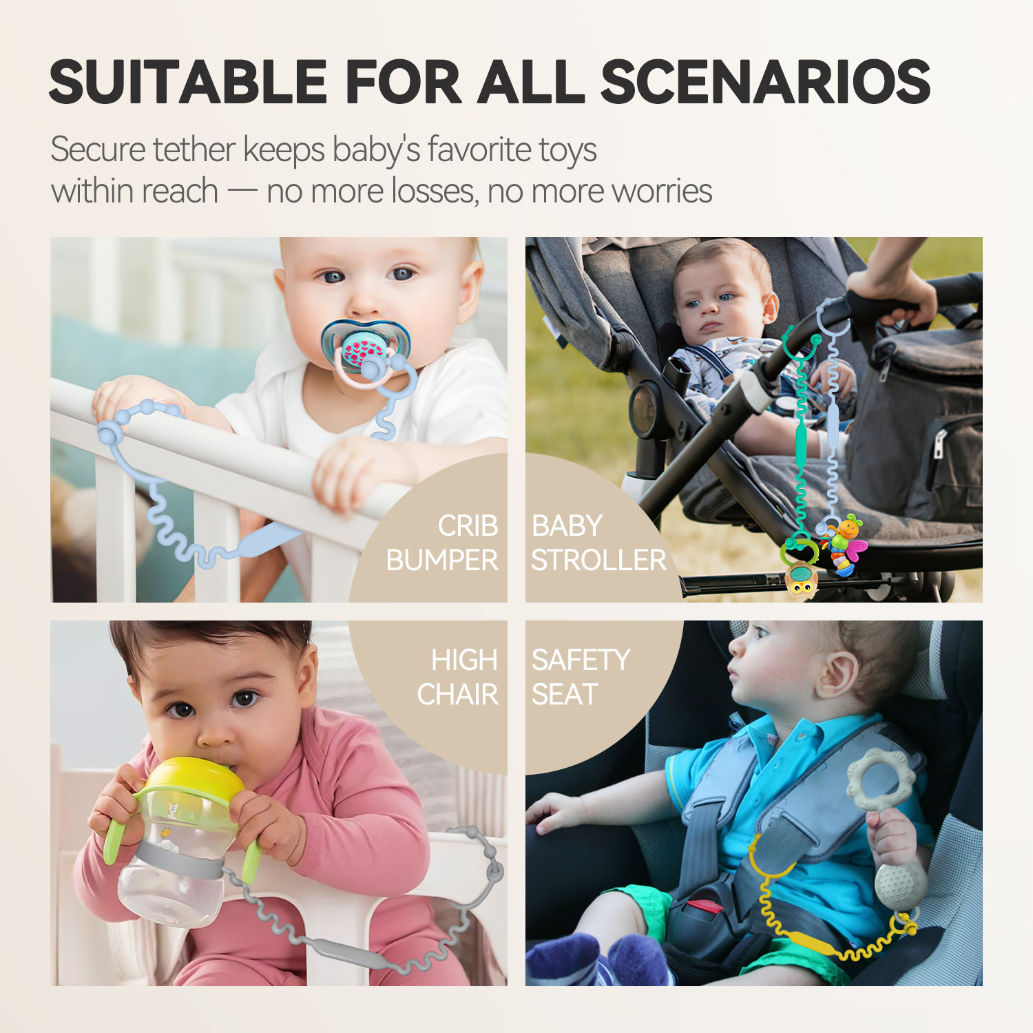 Baby Pacifier Clip Food Grade Silicone Teether Holder Toy Strap BPA Free CPC Certified Anti-Drop Adjustable Length Multi-Purpose Universal Fit for Stroller Crib Car Seat High Chair Travel Home Outdoor