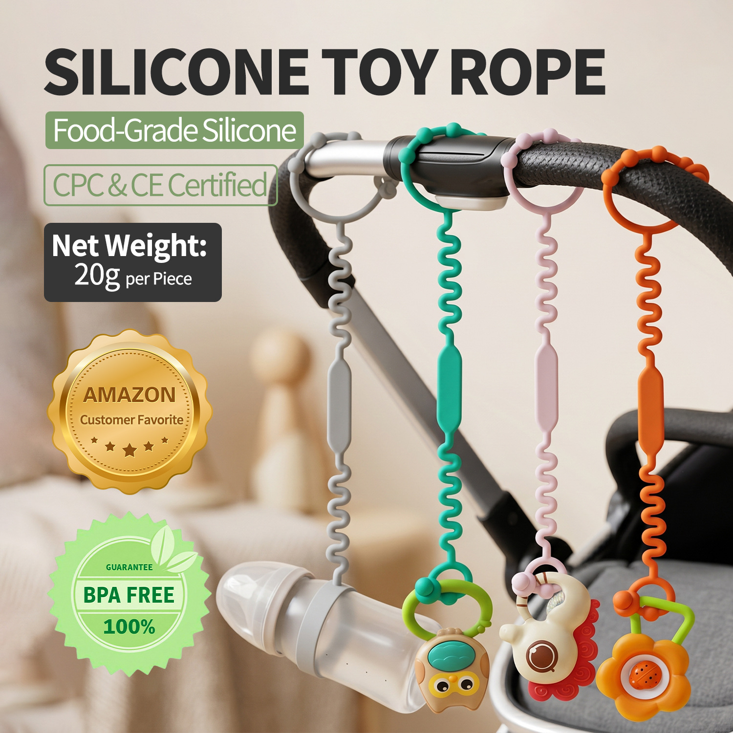 Baby Pacifier Clip Food Grade Silicone Teether Holder Toy Strap BPA Free CPC Certified Anti-Drop Adjustable Length Multi-Purpose Universal Fit for Stroller Crib Car Seat High Chair Travel Home Outdoor