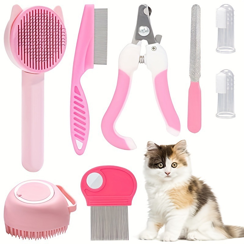 8pcs Cat And Dog Brush Grooming Set Pet Cleaning Set Pet Nail Clippers & FilesPet Shampoo Brushes Hair Removal Brushes Toothbrush Pet Shampoo Brushes Hair Removal Brushes
