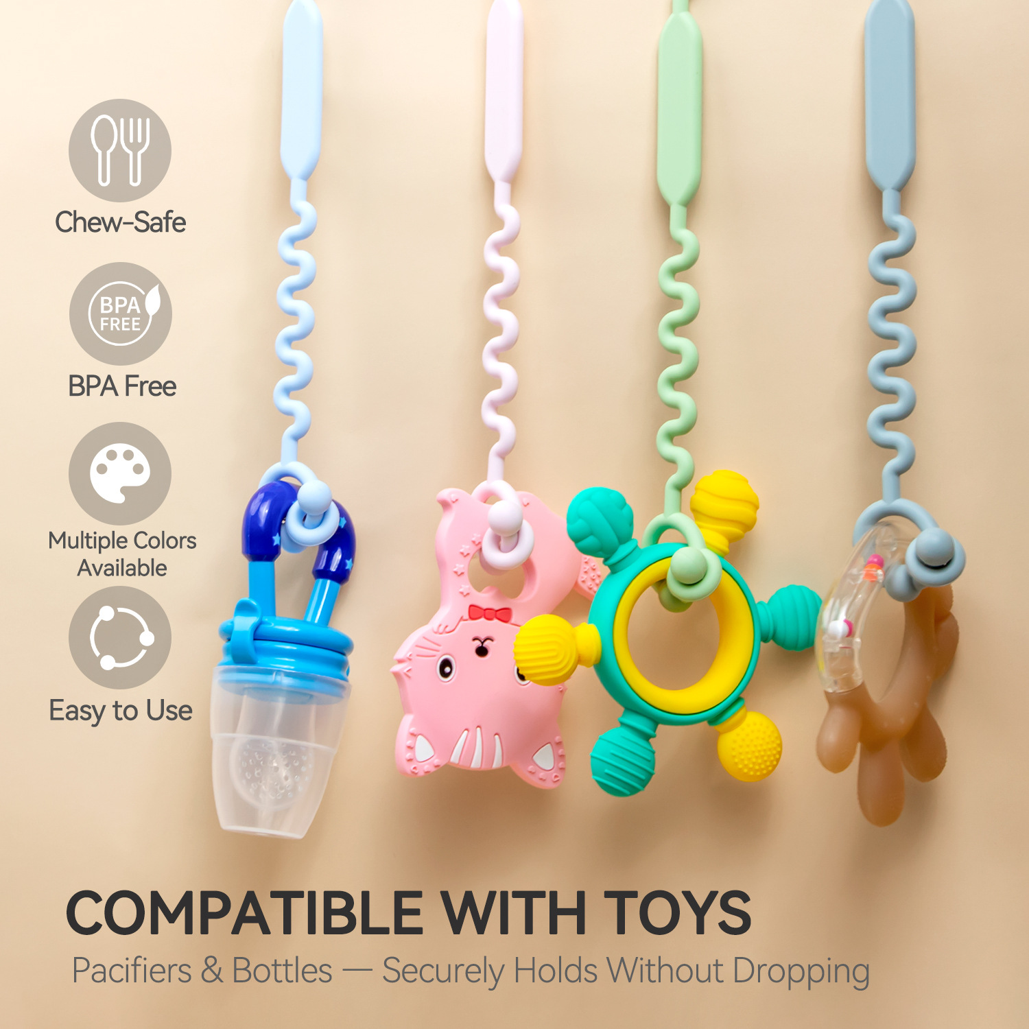 Baby Pacifier Clip Food Grade Silicone Teether Holder Toy Strap BPA Free CPC Certified Anti-Drop Adjustable Length Multi-Purpose Universal Fit for Stroller Crib Car Seat High Chair Travel Home Outdoor