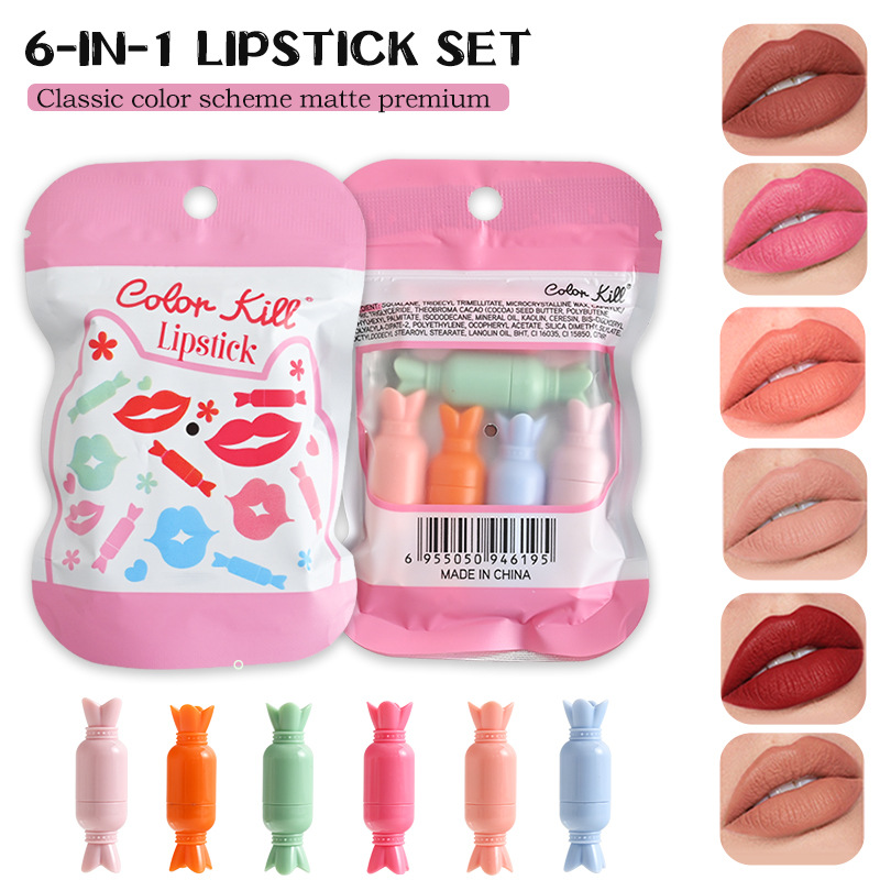 6 Colors Mini Candy Lipstick Set For Women Girls, Waterproof Long Lasting Non-Stick Cup Matte Finish Lipstick Kit, Lightweight Smooth Hydrating Portable Travel Size Makeup Gift Box With Fresh Scent