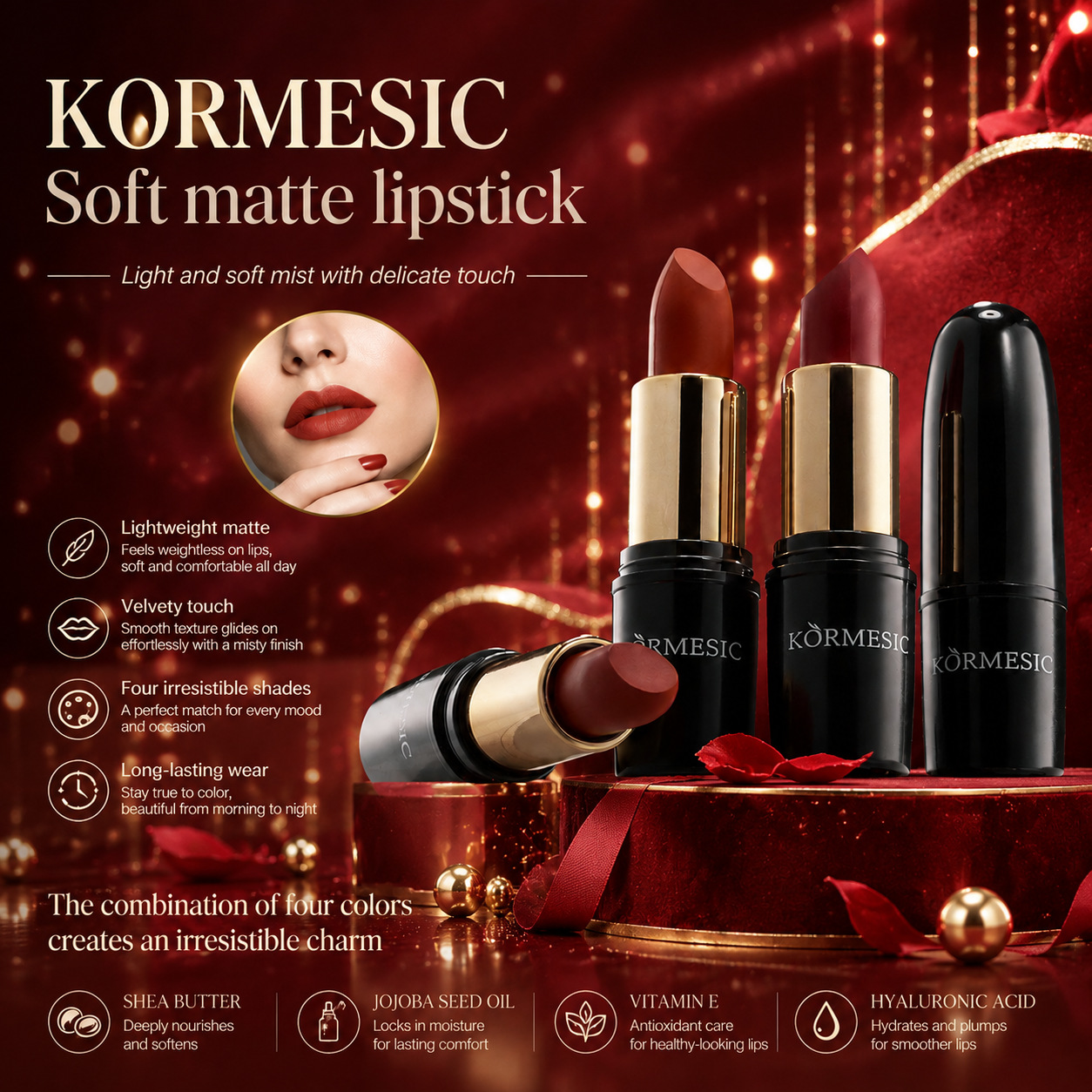 KORMESIC Lipstick Lightweight Velvety Smooth Long Lasting Lip Color With Shea Butter Vitamin E Hyaluronic Acid,Nourishing Hydrating Antioxidant Care For Healthy Lips,Irresistible Charm For Makeup