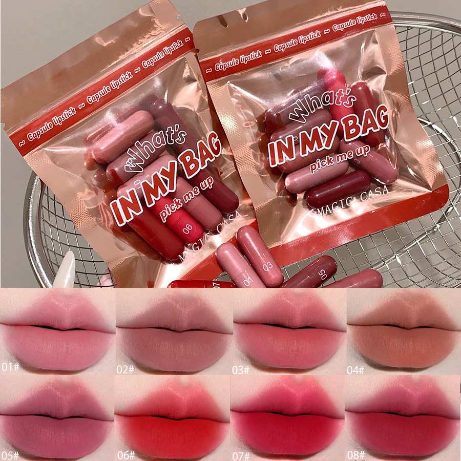 8 Colors Capsule Matte Lipstick Set, Mini Pill Lipstick Kit Velvet Waterproof Long Lasting Non Stick Cup, Highly Pigmented Travel Size Cute Portable Makeup, Lightweight Lip Gloss For Women Girls Gift