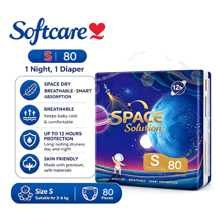 [Anniversary Sale] Softcare Space Diaper All-Day 12-Hour Protection Super Soft Disposable Diapers All Sizes Available: Small (S), Medium (M), Large (L), XL Fits Babies 3–25KG (Pack of 60/64/72/80)