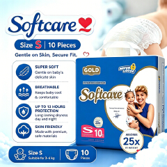 Softcare Diaper Gold MINI Ultra Absorbent Taped Style Disposable Diapers All Sizes Available: Small (S), Medium (M), Large (L), XL Fits Babies 3–25KG (Trial Pack of 7/8/9/10)