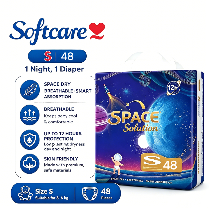 [Anniversary Sale] Softcare Space Diaper All-Day 12-Hour Protection Super Soft Disposable Diapers All Sizes Available: Small (S), Medium (M), Large (L), XL Fits Babies 3–25KG (Pack of 36/40/42/48)