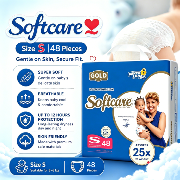 [Buy 3 Get 1 Free] Softcare Diaper Gold HC Ultra Absorbent Taped Style Disposable Diapers All Sizes Available: Small (S), Medium (M) Weight Range Fits Babies 3–9KG (Pack of 42/48)