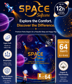 Softcare Space Diaper All-Day 12-Hour Protection Super Soft Disposable Diapers All Sizes Available: Small (S), Medium (M), Large (L), XL Fits Babies 3–25KG (Pack of 60/64/72/80)