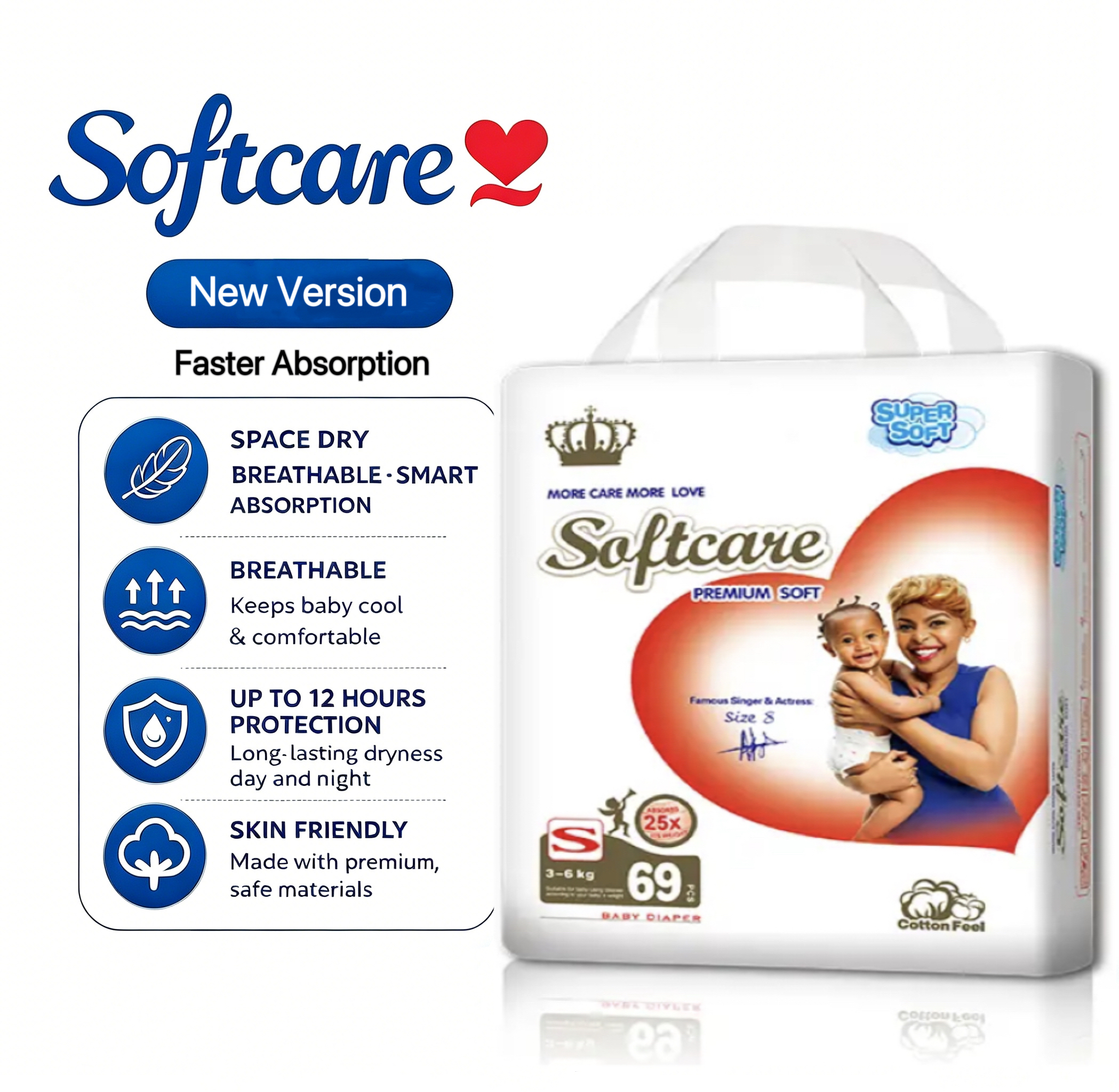 [Anniversary Sale] Softcare Premium Diapers JUMBO New Version Faster Absorption Disposable Diapers All Sizes Available: Small (S), Medium (M), Large (L), XL Fits Babies 3–25KG (Pack of 51/57/63/69)