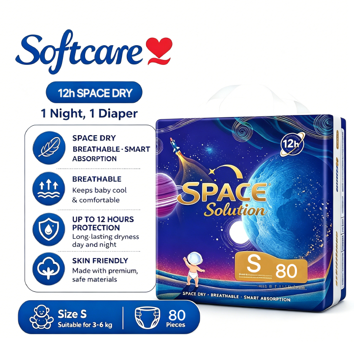 [Anniversary Sale] Softcare Space Diaper All-Day 12-Hour Protection Super Soft Disposable Diapers All Sizes Available: Small (S), Medium (M), Large (L), XL Fits Babies 3–25KG (Pack of 60/64/72/80)
