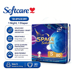 Softcare Space Diaper All-Day 12-Hour Protection Super Soft Disposable Diapers All Sizes Available: Small (S), Medium (M), Large (L), XL Fits Babies 3–25KG (Pack of 60/64/72/80)