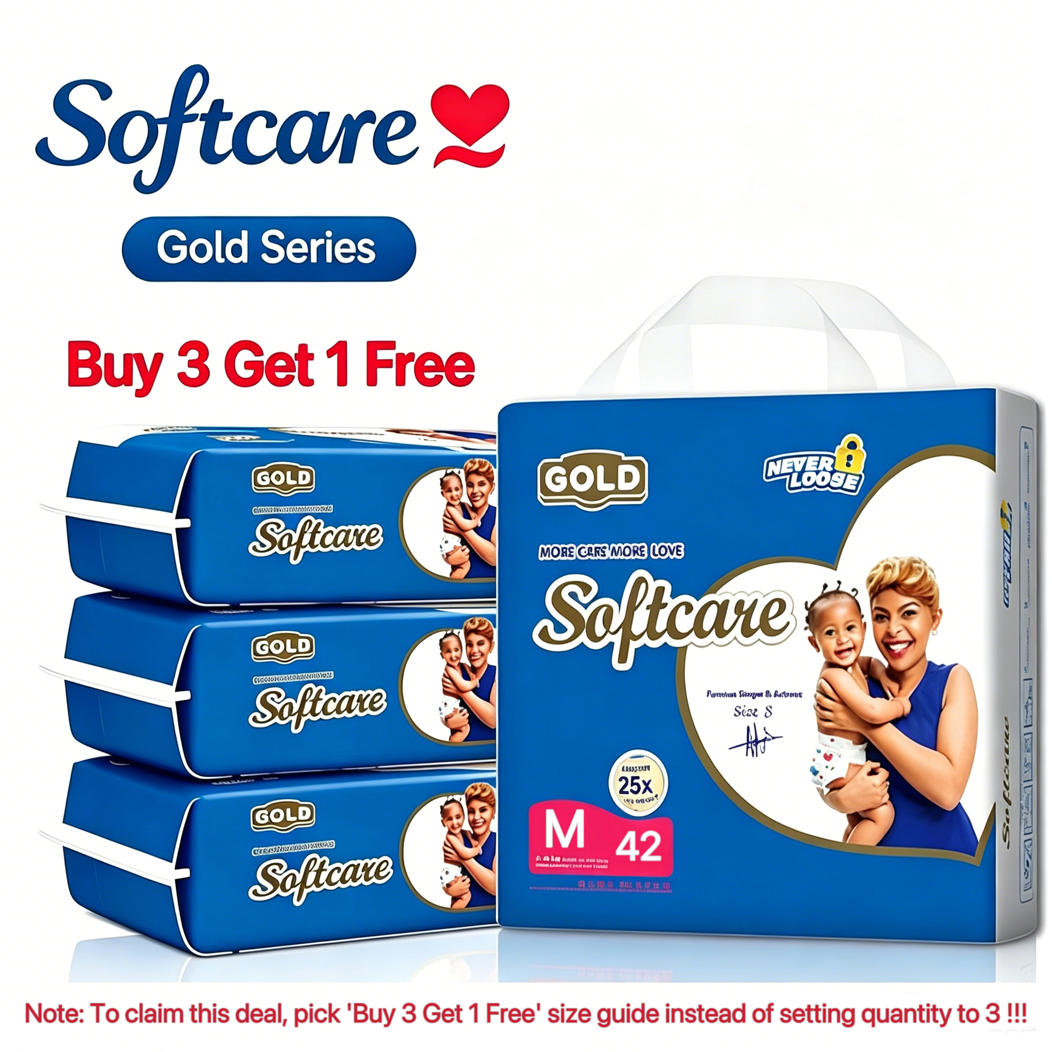 [Buy 3 Get 1 Free] Softcare Diaper Gold HC Ultra Absorbent Taped Style Disposable Diapers All Sizes Available: Small (S), Medium (M) Weight Range Fits Babies 3–9KG (Pack of 42/48)