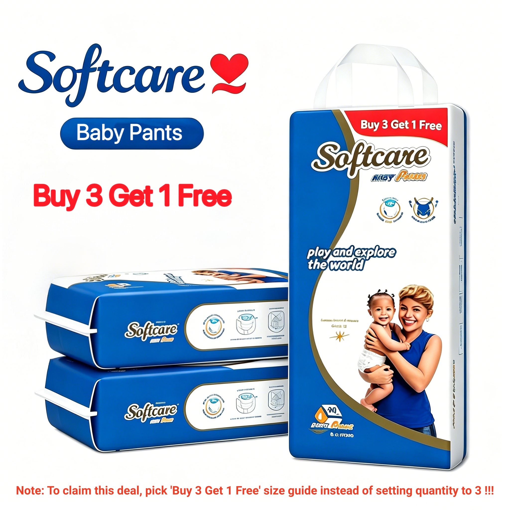 [Buy 3 Get 1 Free] Softcare Baby Pants Diaper High Count Junior, Size M, L,XL Fits Babies 6.1–25KG (Pack of 36/40/44)