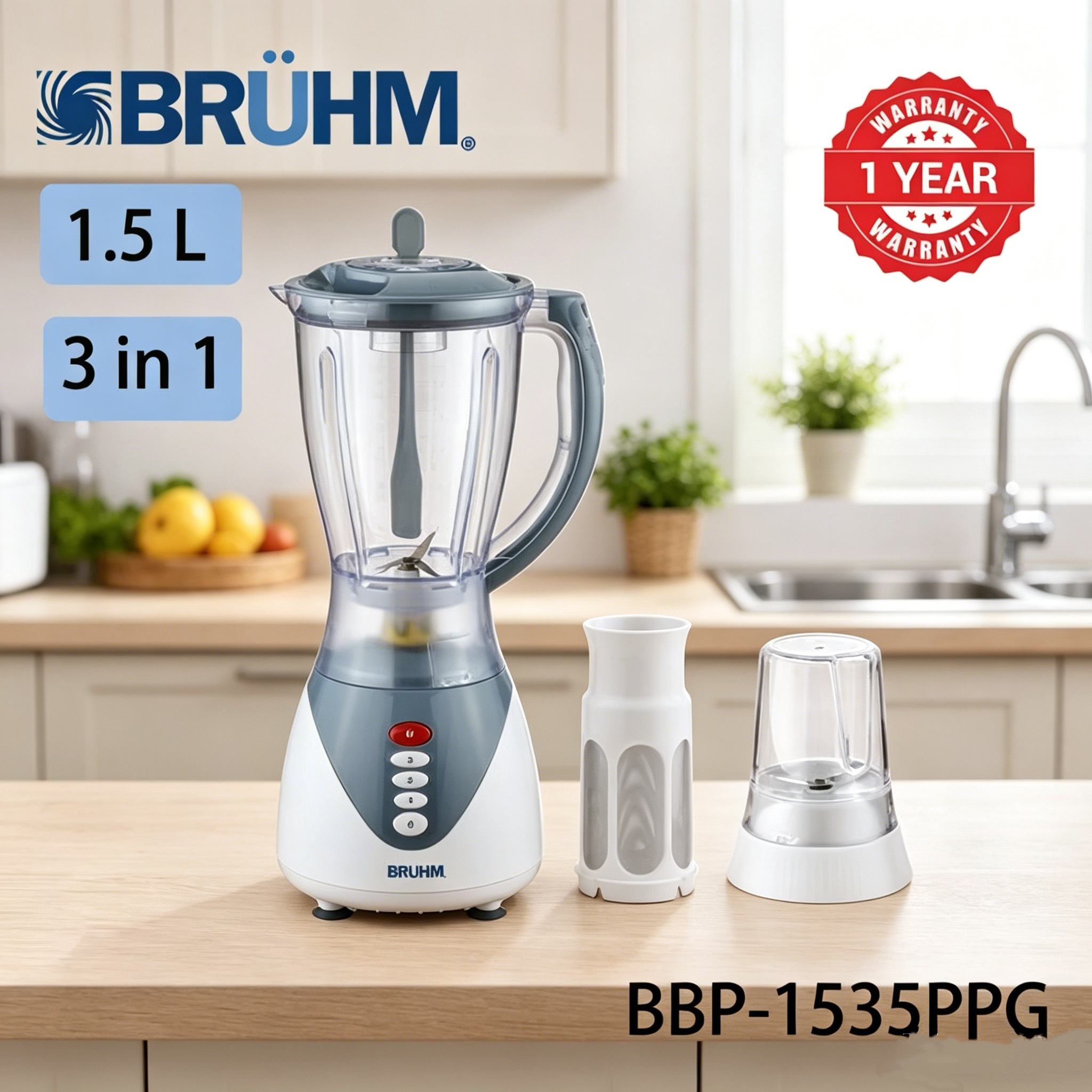 [Clearence Sale] Bruhm High Quality 3 in 1 1.5L 4 Speed Stainless Steel Blender with pulse Grinder Juicer blender Filter (BBP-1535PPG)