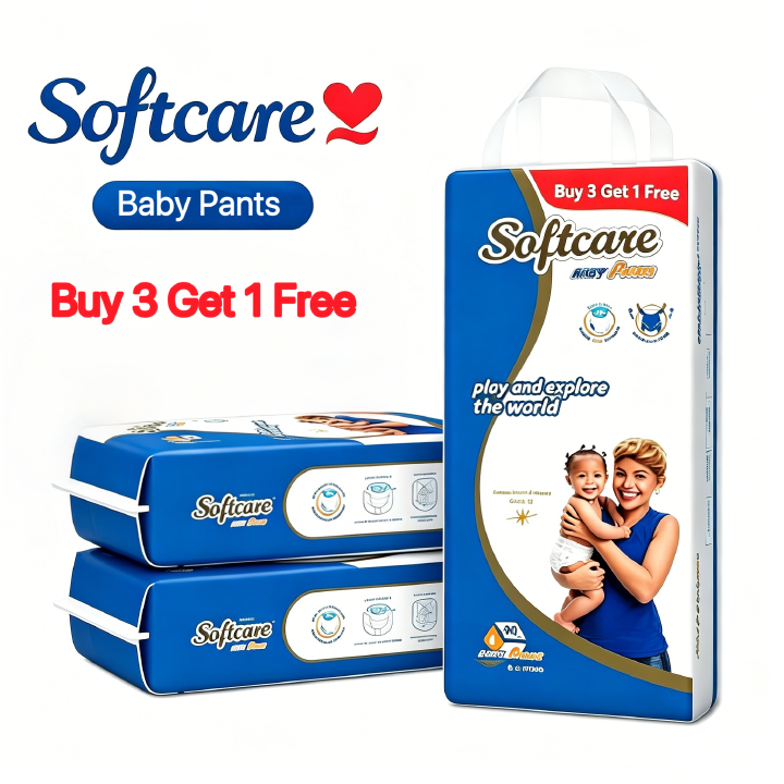 [Buy 3 Get 1 Free] Softcare Baby Pants Diaper High Count Junior, Size M, L,XL Fits Babies 6.1–25KG (Pack of 36/40/44)