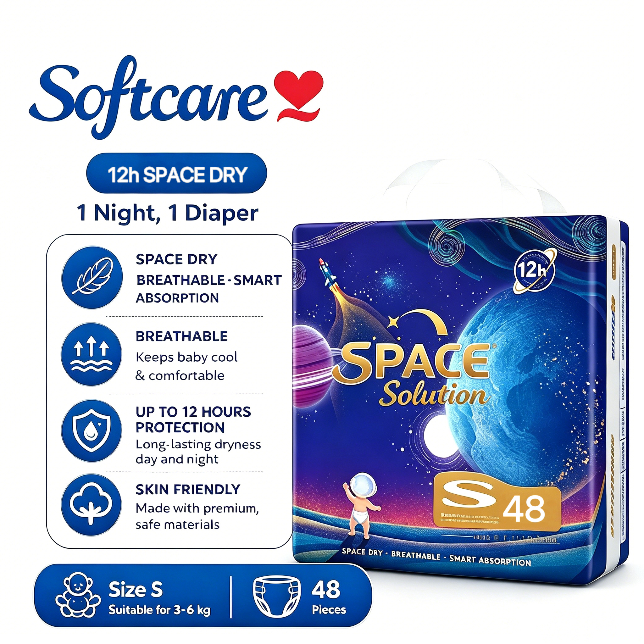 [Anniversary Sale] Softcare Space Diaper All-Day 12-Hour Protection Super Soft Disposable Diapers All Sizes Available: Small (S), Medium (M), Large (L), XL Fits Babies 3–25KG (Pack of 36/40/42/48)