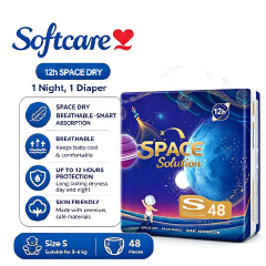 Softcare Space Diaper All-Day 12-Hour Protection Super Soft Disposable Diapers All Sizes Available: Small (S), Medium (M), Large (L), XL Fits Babies 3–25KG (Pack of 36/40/42/48)
