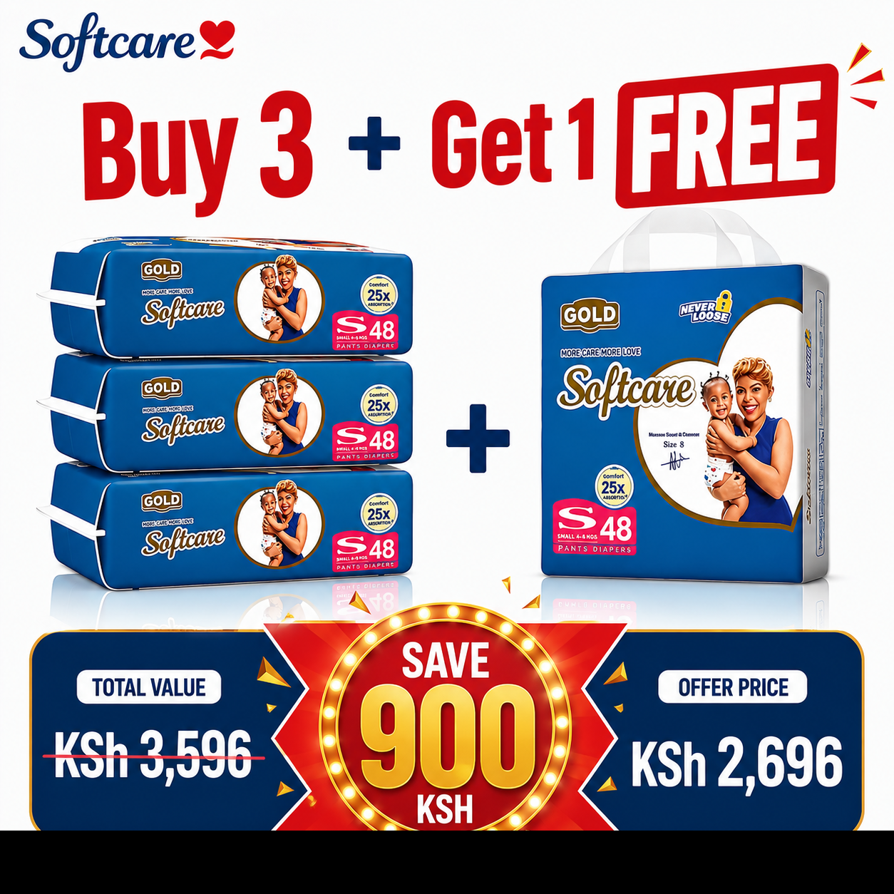 [Buy 3 Get 1 Free] Softcare Diaper Gold HC Ultra Absorbent Taped Style Disposable Diapers All Sizes Available: Small (S), Medium (M) Weight Range Fits Babies 3–9KG (Pack of 42/48)
