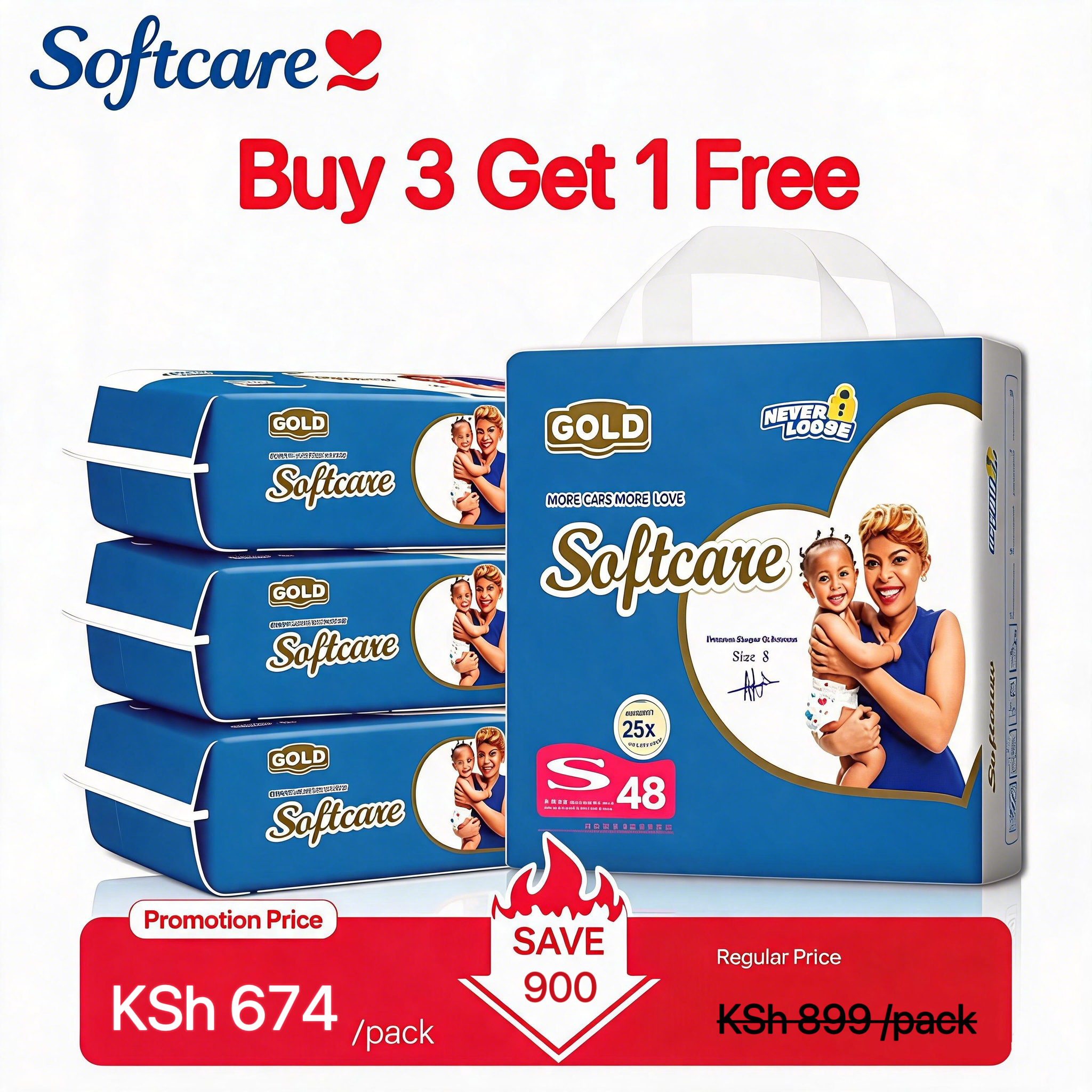 [Buy 3 Get 1 Free] Softcare Diaper Gold HC Ultra Absorbent Taped Style Disposable Diapers All Sizes Available: Small (S), Medium (M) Weight Range Fits Babies 3–9KG (Pack of 42/48)