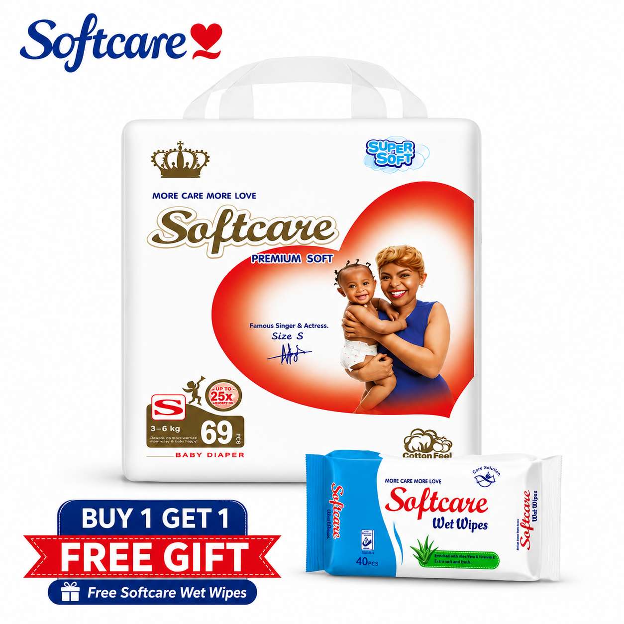 [Free Wet Wipe] Softcare Premium Diapers JUMBO Full Leak Protection Faster Absorption Disposable Diapers All Sizes Available: Small (S), Medium (M), L, XL For Babies 3–25KG (Pack of 51/57/63/69)