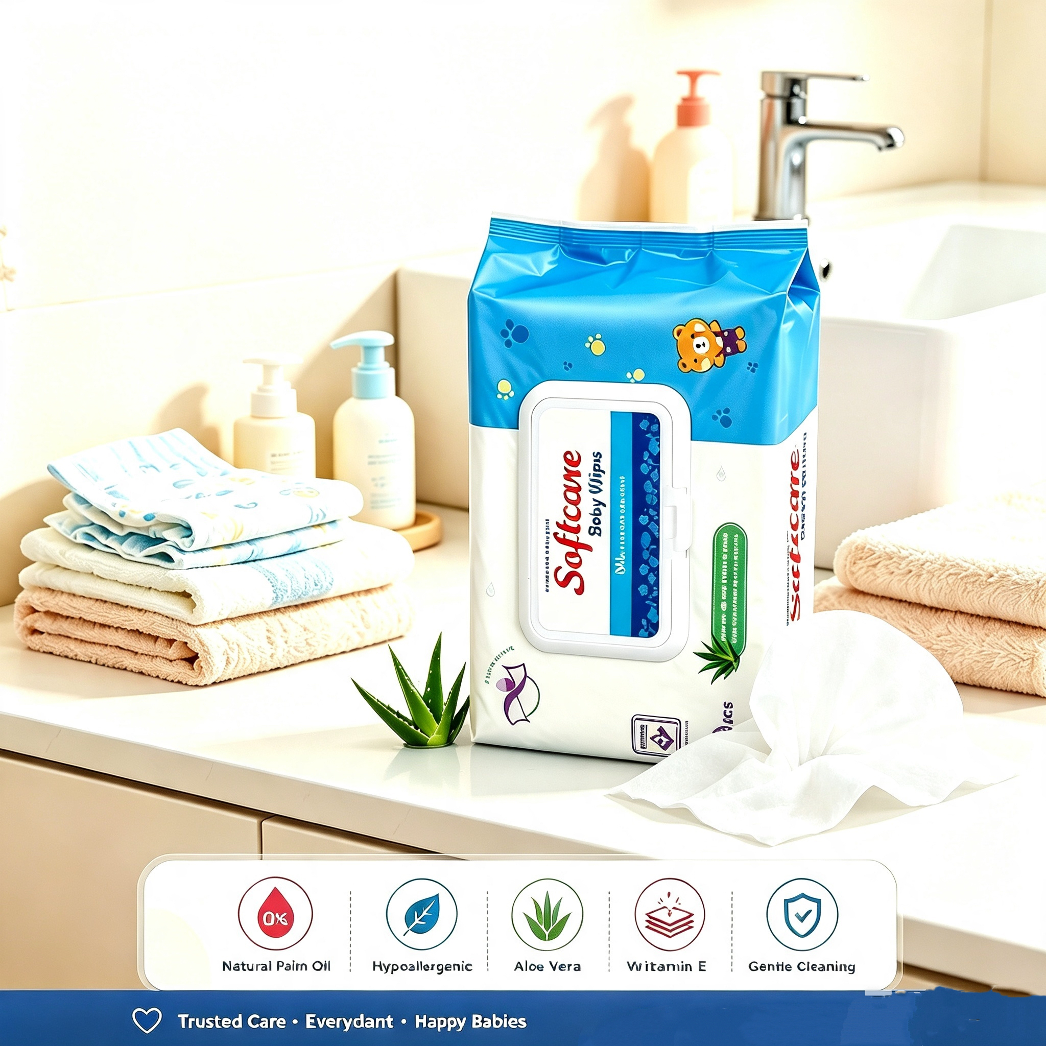 Softcare Baby Wet Wipes 80PCS Value Pack Alcohol Free Hypoallergenic Aloe Vera Vitamin E for Newborn Sensitive Skin Hand Face Daily Cleaning