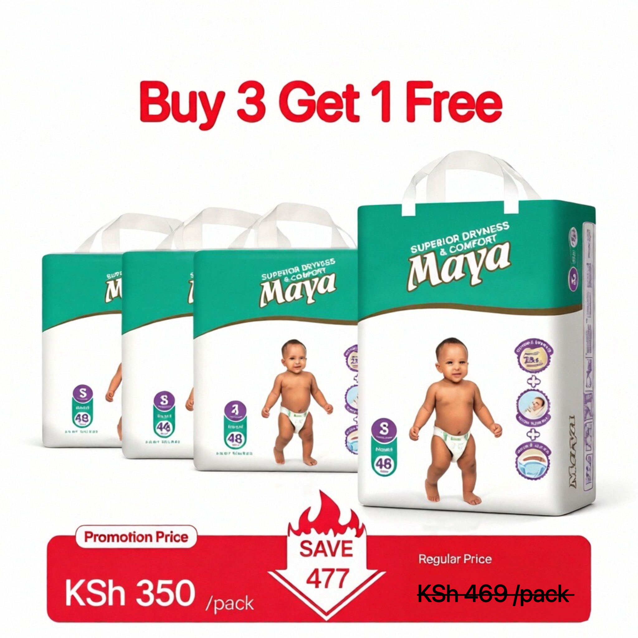 [Buy 3 Get 1 Free] Original Maya Baby Diaper High Absorbency Breathable Anti-rash Super Soft Skin Friendly Diapers Fits Babies 3–15KG (Pack of 40/44/48)