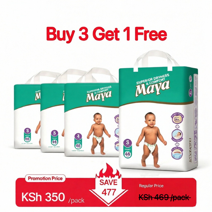 [Buy 3 Get 1 Free] Original Maya Baby Diaper High Absorbency Breathable Anti-rash Super Soft Skin Friendly Diapers Fits Babies 3–15KG (Pack of 40/44/48)