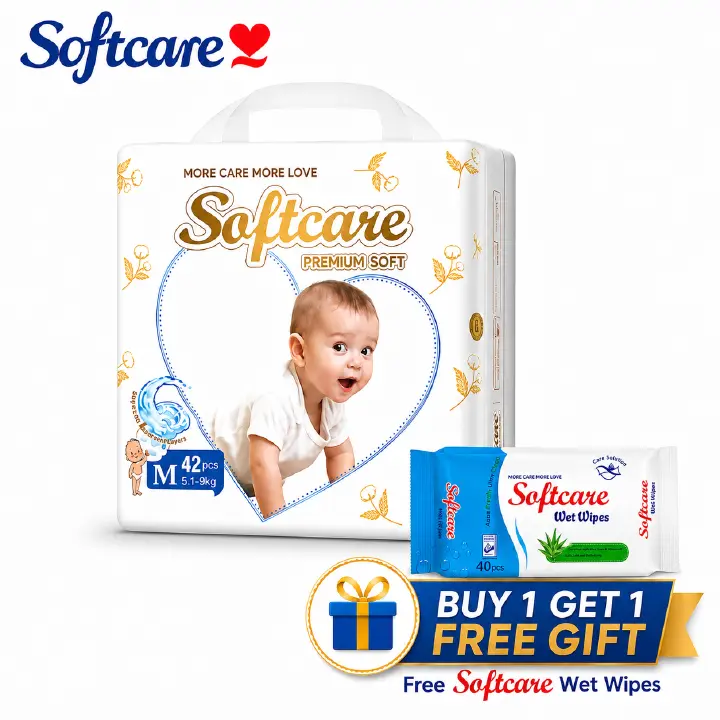 [Free Wet Wipes] Softcare Premium Soft Baby Diaper Skin-friendly Taped Disposable Diapers All Sizes Available: Small (S), Medium (M), Large (L) For Babies 3–25KG 40/42/48Pcs Per Pack