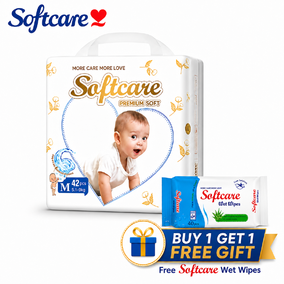 [Free Wet Wipes] Softcare Premium Soft Baby Diaper Skin-friendly Taped Disposable Diapers All Sizes Available: Small (S), Medium (M), Large (L) For Babies 3–25KG 40/42/48Pcs Per Pack