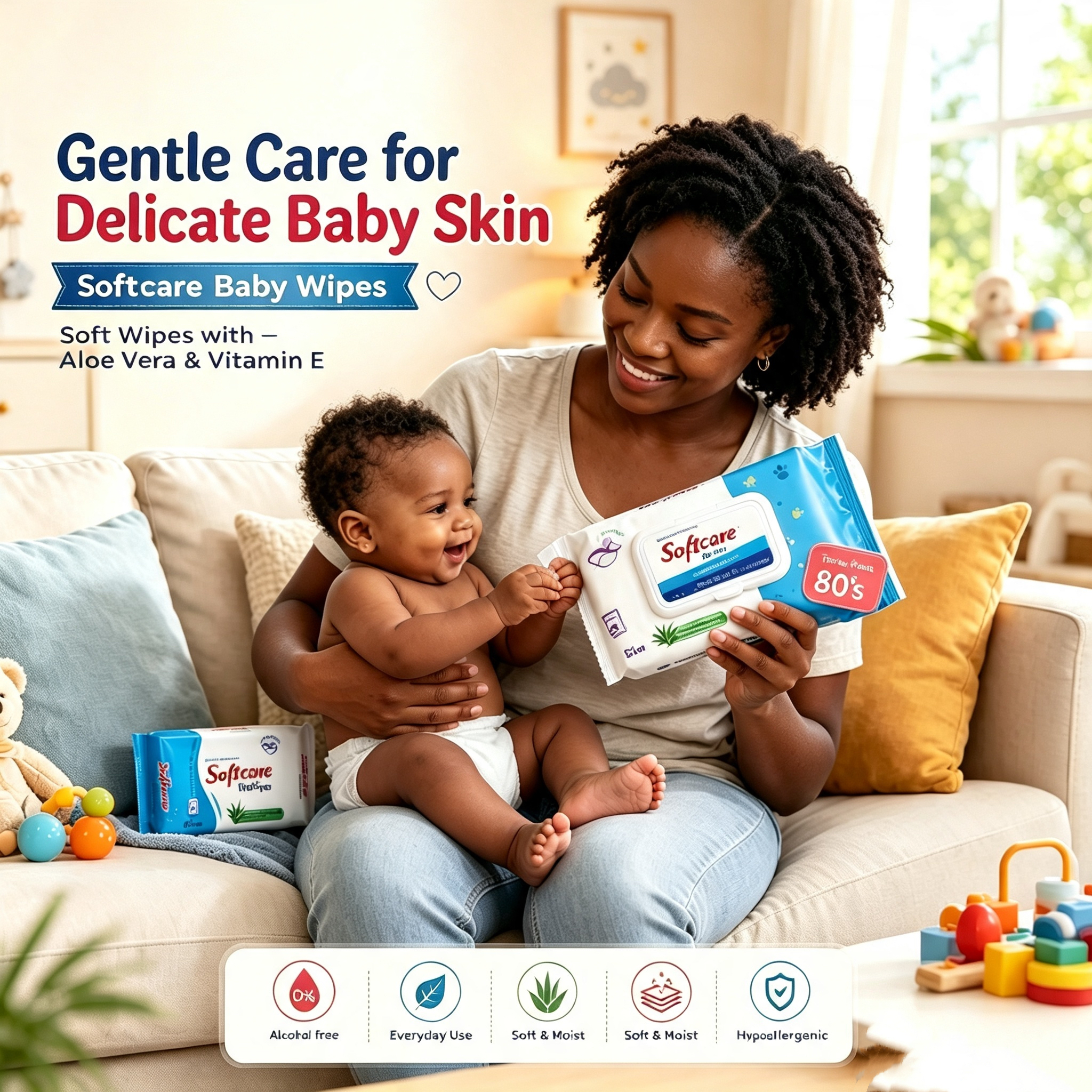 Softcare Baby Wet Wipes 80PCS Value Pack Alcohol Free Hypoallergenic Aloe Vera Vitamin E for Newborn Sensitive Skin Hand Face Daily Cleaning